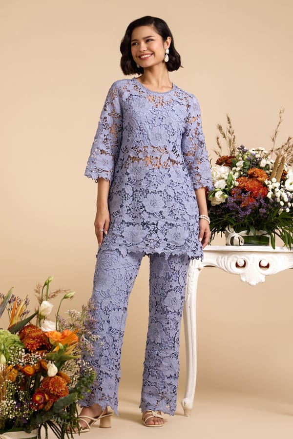 Ice Blue Sheer Lace Straight-Leg Trousers — AVERIE