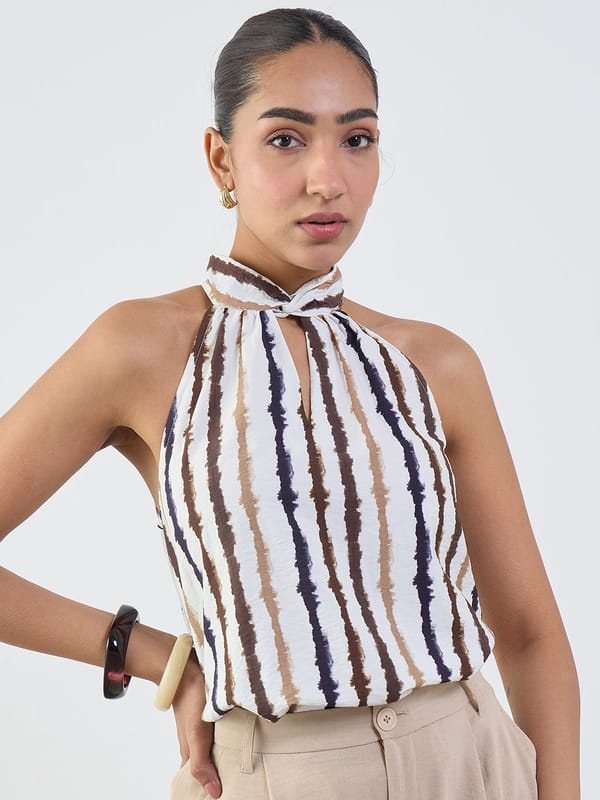 Off-White Abstract Stripe Halter Neck Top — Femmella