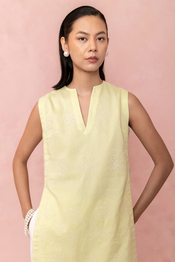Lime Yellow Sleeveless Cutwork Embroidered Tunic Top — LABEL NAARITI