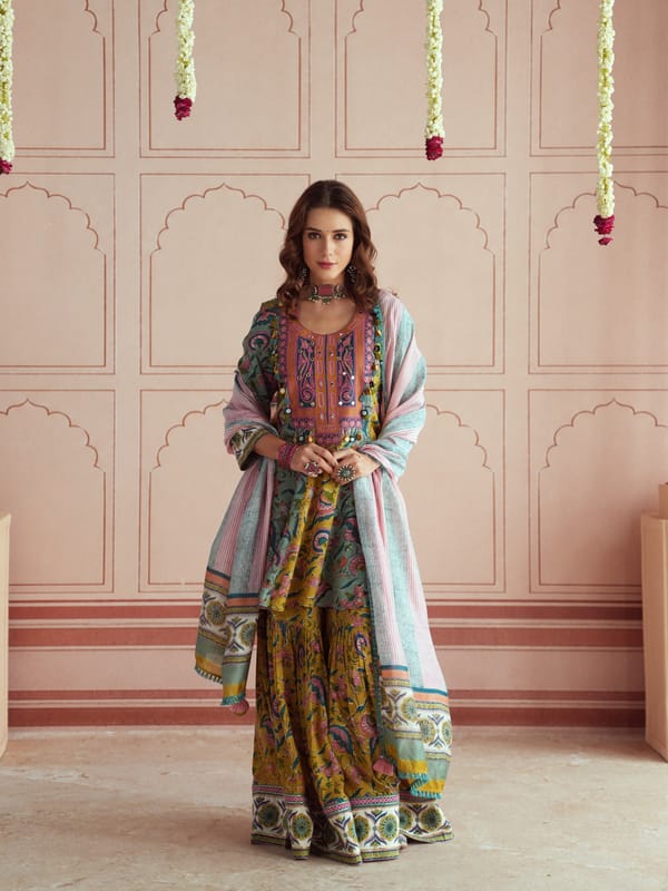 MIRA SHORT KALIDAAR KURTA WITH SHARARA & DUPATTA — TASHA INDIA
