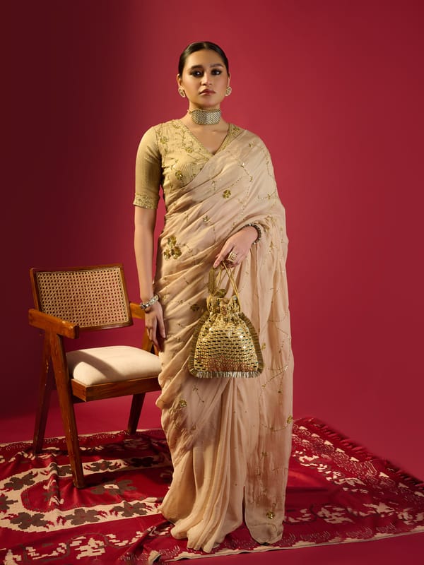 Beige Floral Jaal Saree With Stripe Tissue Blouse — KOMAL SHAH