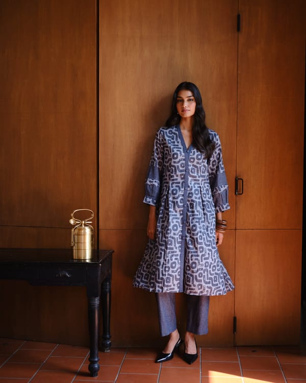 Indigo Maze Printed Soft Linen A-Line Kurta Set — Truly SMA