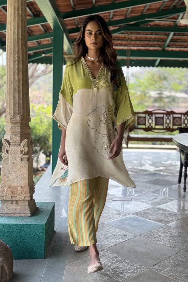Beige Crepe Printed Co-ord Set with V-Neck Tunic Top — Basil Leaf