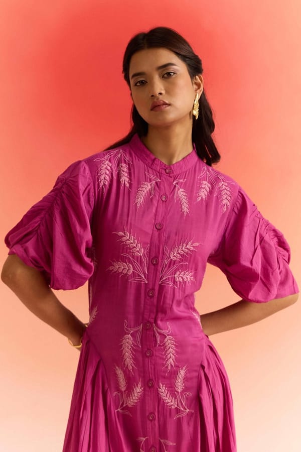 Magenta Pink Dori Embroidered Fit and Flare Maxi Dress — WESTERNERA