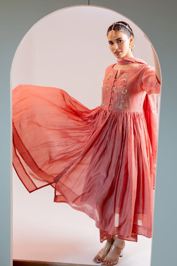 Pink Chanderi Flared Embroidered Kurta Set with Dupatta — Silai studio