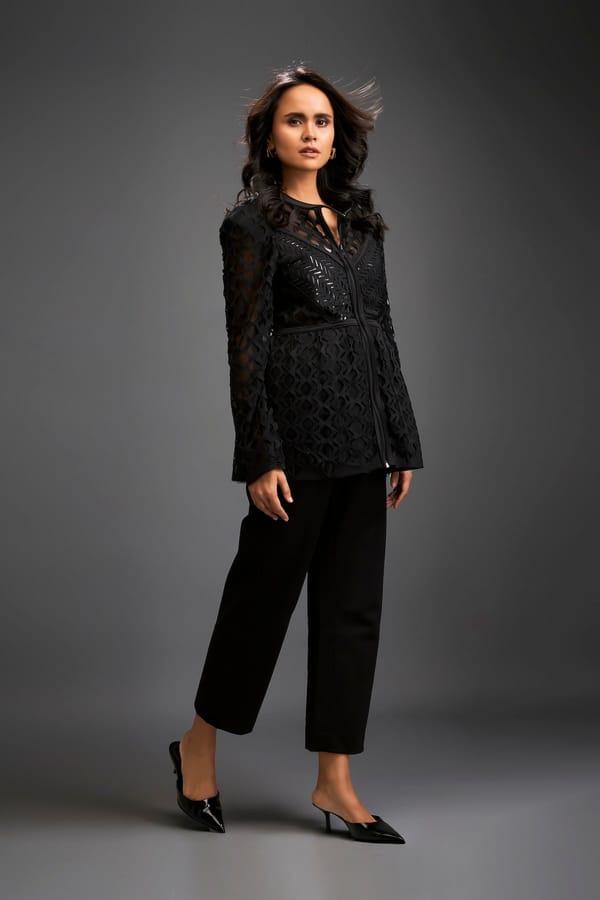 Cutout Jacket With Structured Zipper Closure, Metallic Silver Lining And Pants — Deepika Arora