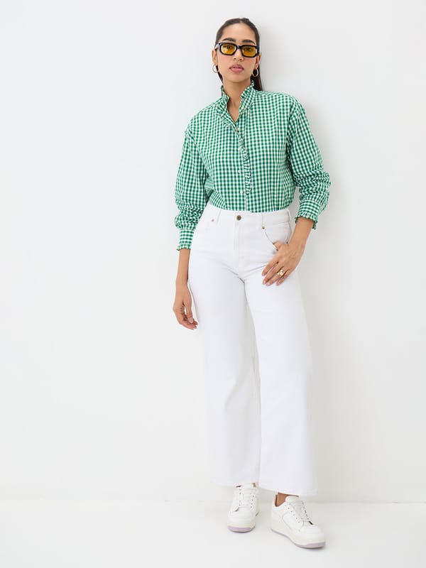 Green Gingham Mandarin Collar Shirt with Frill Detail — Femmella