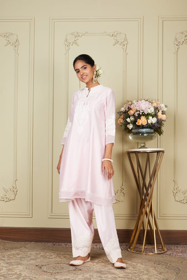 Pearl Blush A-Line Embroidered Kurta Set with Dupatta — Sheetal Batra