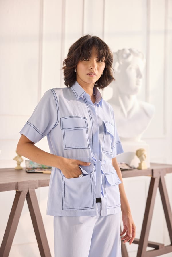 Blue Tensil Crepe Co-ord Set with Front Tie and Pockets — Shivya K