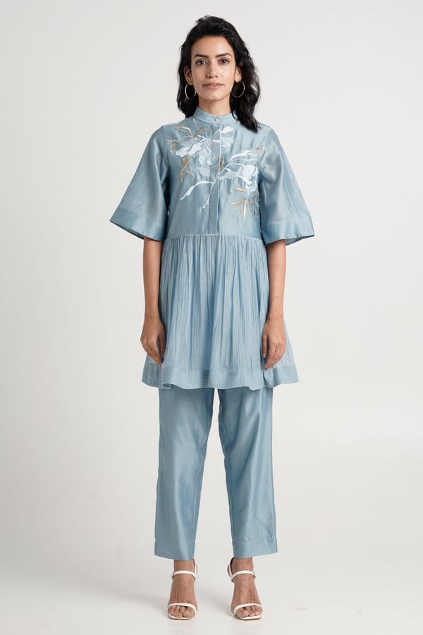 Pacific Blue Tonal Embroidery Peplum Tunic Co-ord Set — Madder Much