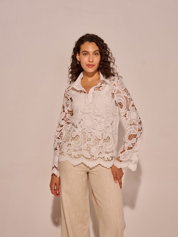 White Collared Lace Button-Down Top — Style Island