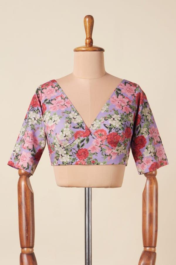 Lilac Floral Printed Cotton Satin Saree Blouse — Dressfolk