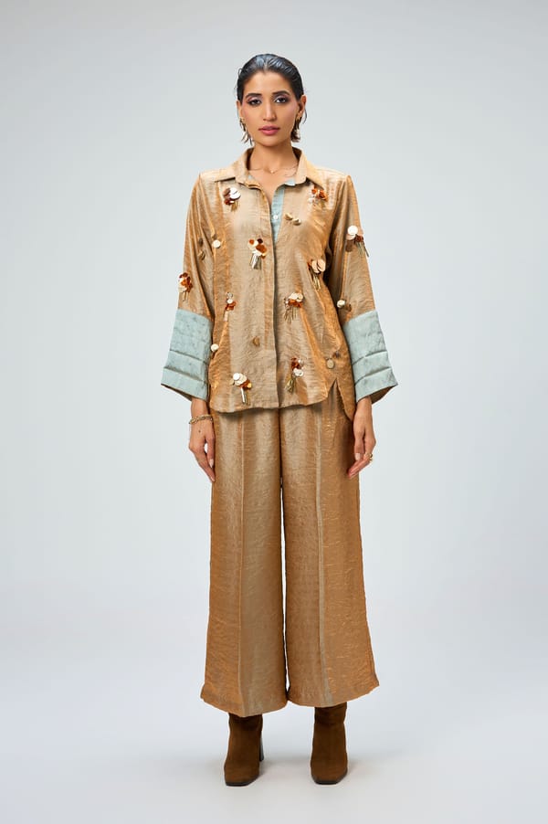 Bronze Metallic Sequin Shirt and Wide-Leg Co-ord Set — KOR