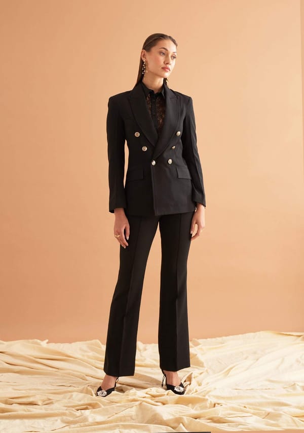 Black Double-Breasted Blazer and Flared Trousers Co-ord Set — AMOSHI