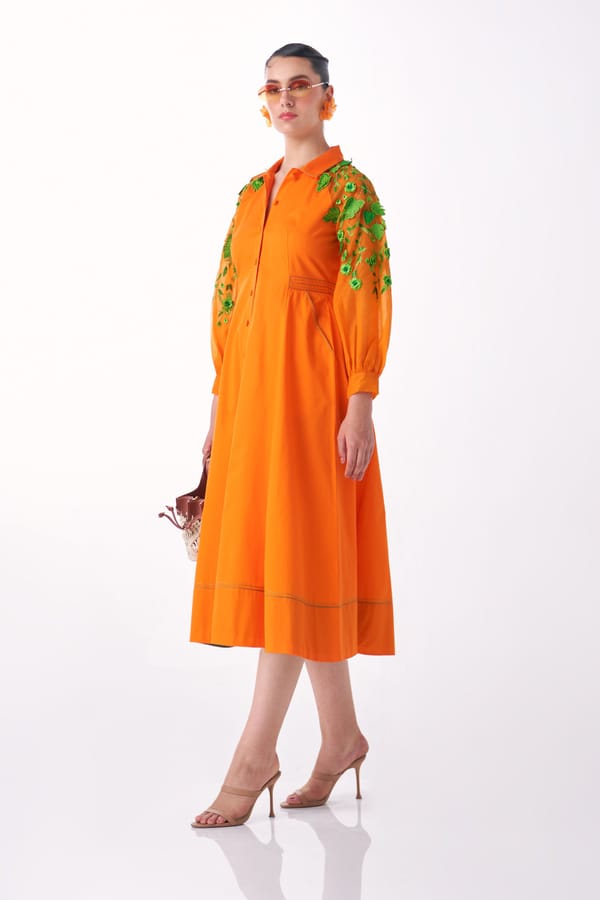 Orange Fit and Flare Midi Shirt Dress with Organza Sleeves — Our Love