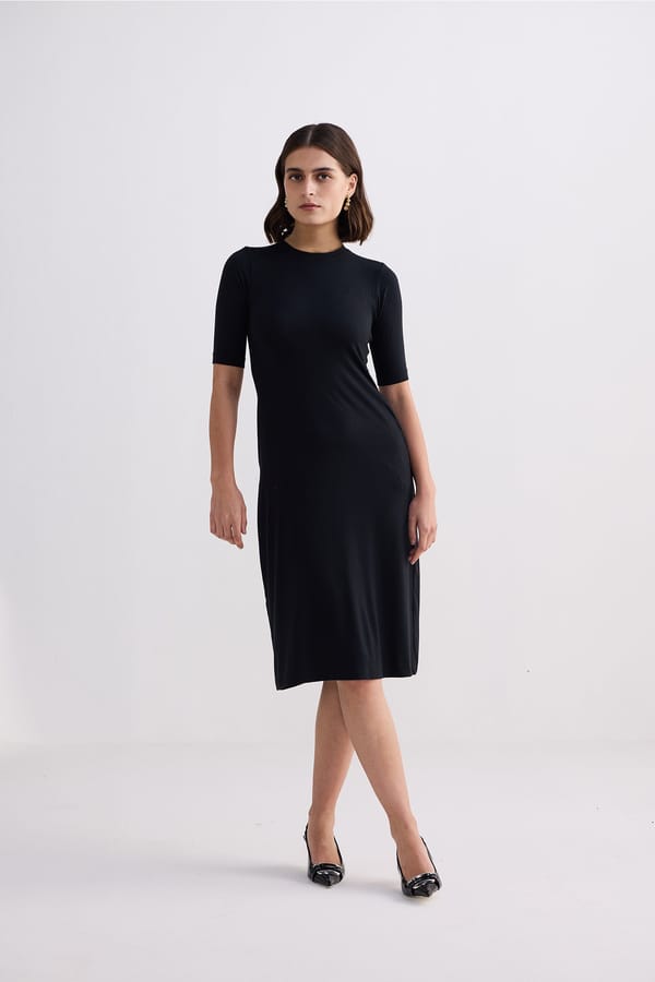 High Crew Neck Elbow Sleeves Fitted Dress — REISTOR