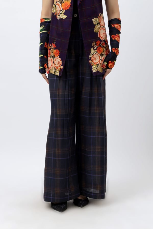 Multi Linen High-Waist Wide-Leg Plaid Trousers — Jungle Marigold