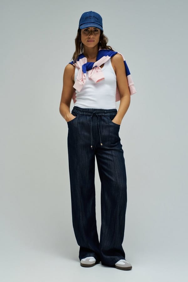 Medium Wash Wide-Leg Drawstring Denim Trousers — SALSA JEANS