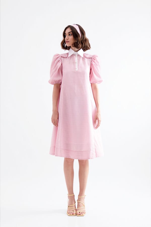 Barbie Pink Gingham Midi Shirt Dress with Puff Sleeves — NOTEBOOK
