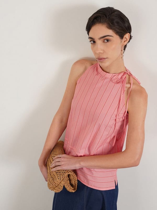 Peach Cotton Striped Halter Neck Top — Fable Street