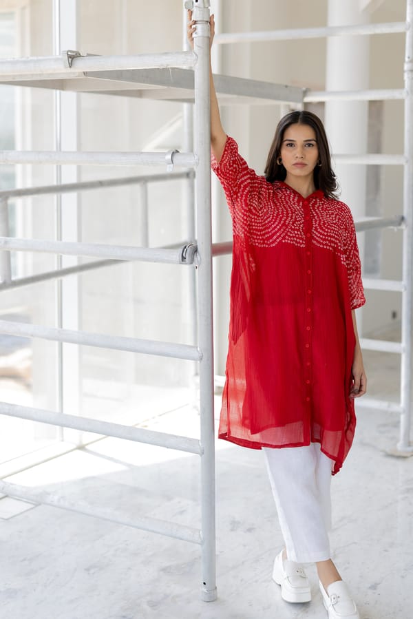 Red Chanderi Bandhani Swirl Button-Down Tunic Kurta — Silai studio