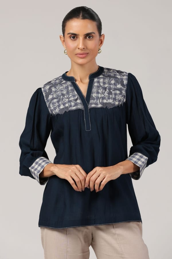 Navy Embroidered Cotton Linen V-Neck Top — Truly SMA