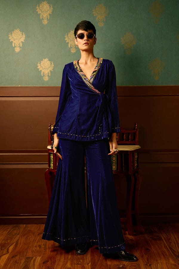 Navy Velvet Wrap Kurta and Bell Bottom Co-ord Set — Reeti Arneja