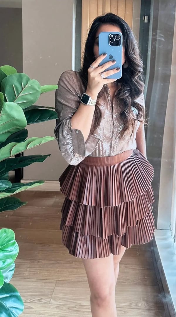 Grey Sequins Shirt and Brown Faux Leather Skirt — Torqadorn