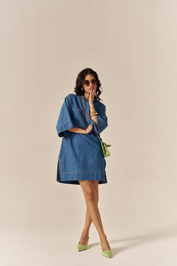 Blue Cotton Slub Denim Relaxed Mini Shirt Dress — Spacelines