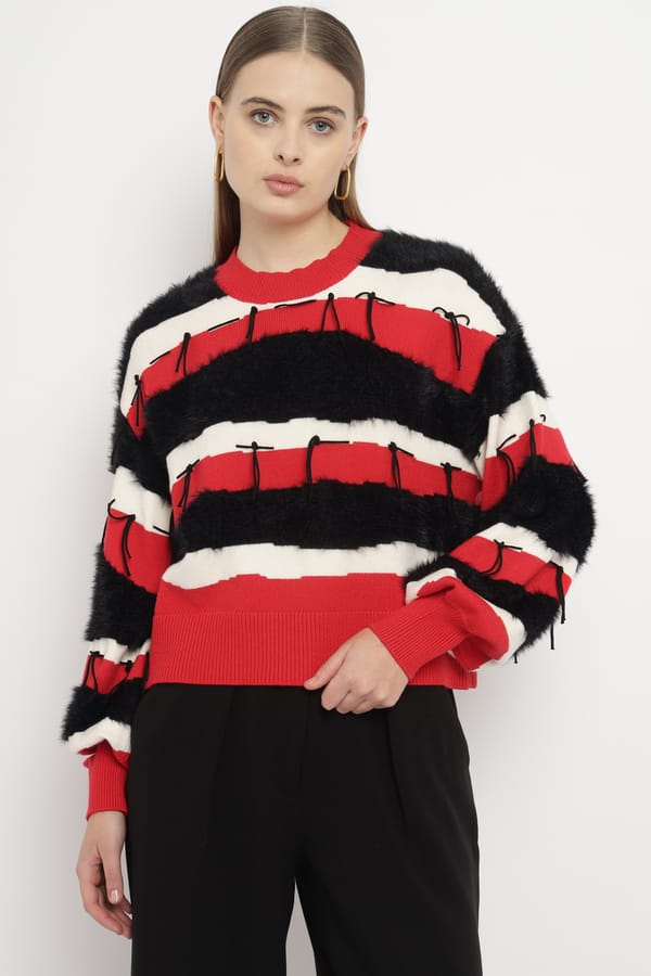 Red Striped Faux-Fur Detail Sweater — SILVIAN HEACH