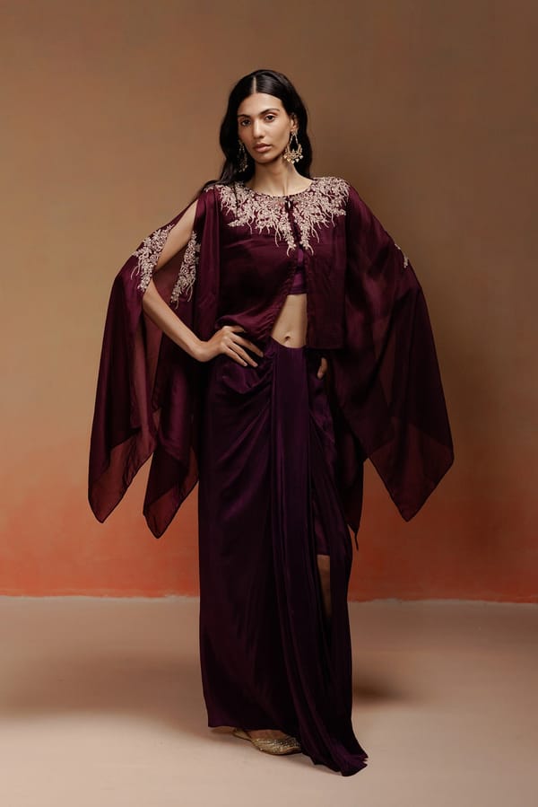Purple Zari Embroidered Kaftan and Draped Skirt Co-ord Set — LABEL NAARITI