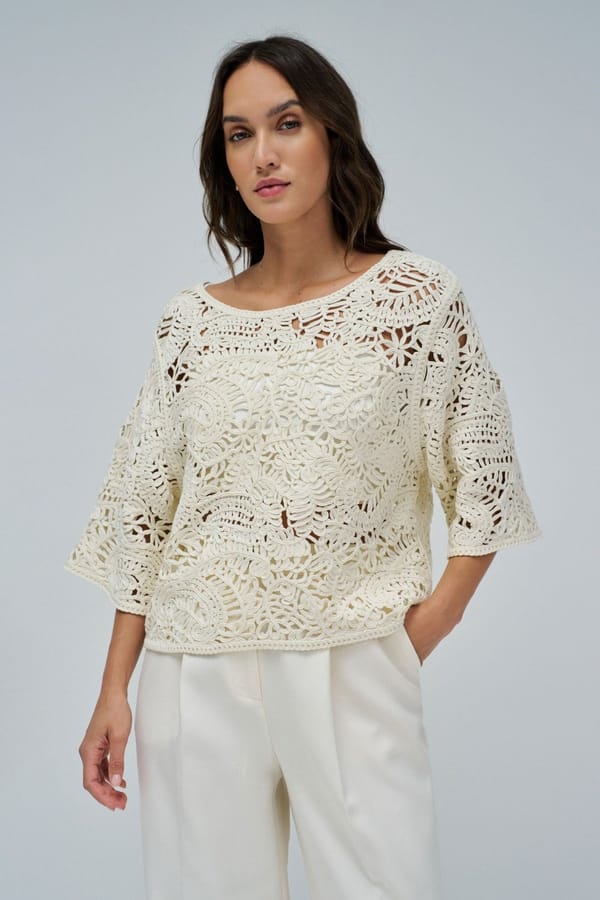 Beige Crochet Openwork Pullover Top — SALSA JEANS