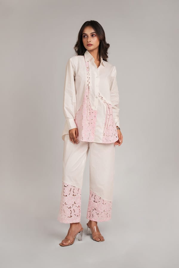 White Cotton Shirt and Pants Co-ord Set with Cutwork Panels — 9899