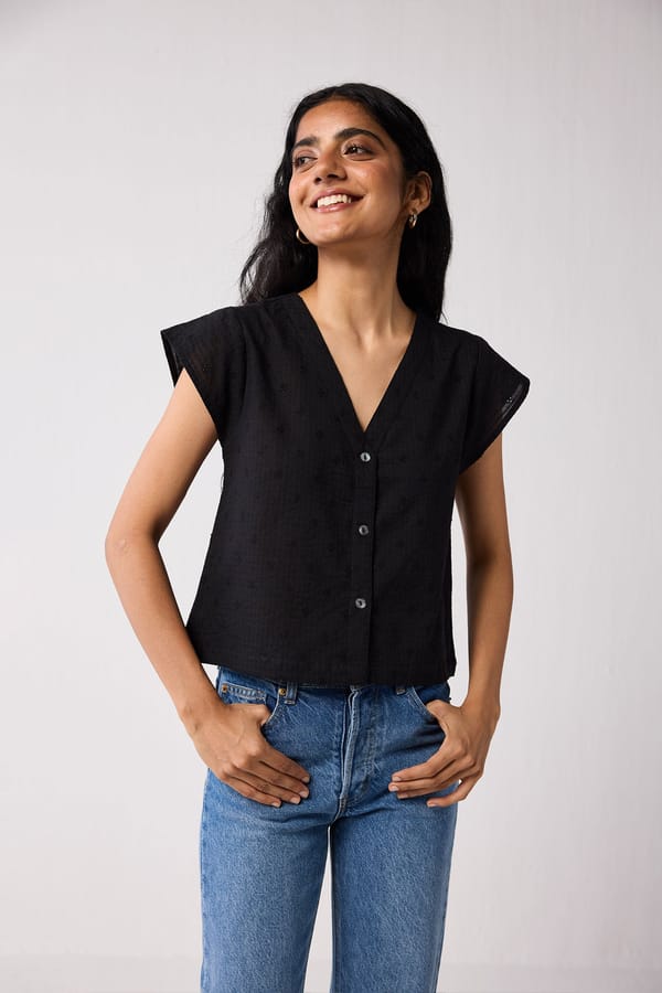V-Neck Embroidered Top with Front Buttons — REISTOR