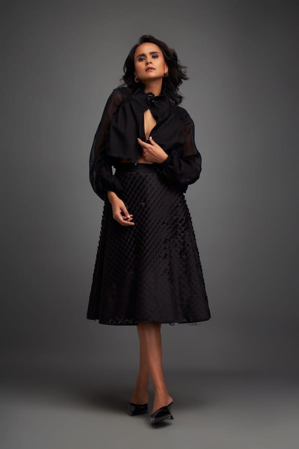 Cropped Jacket and 3D Textured A-Line Skirt Ensemble — Deepika Arora