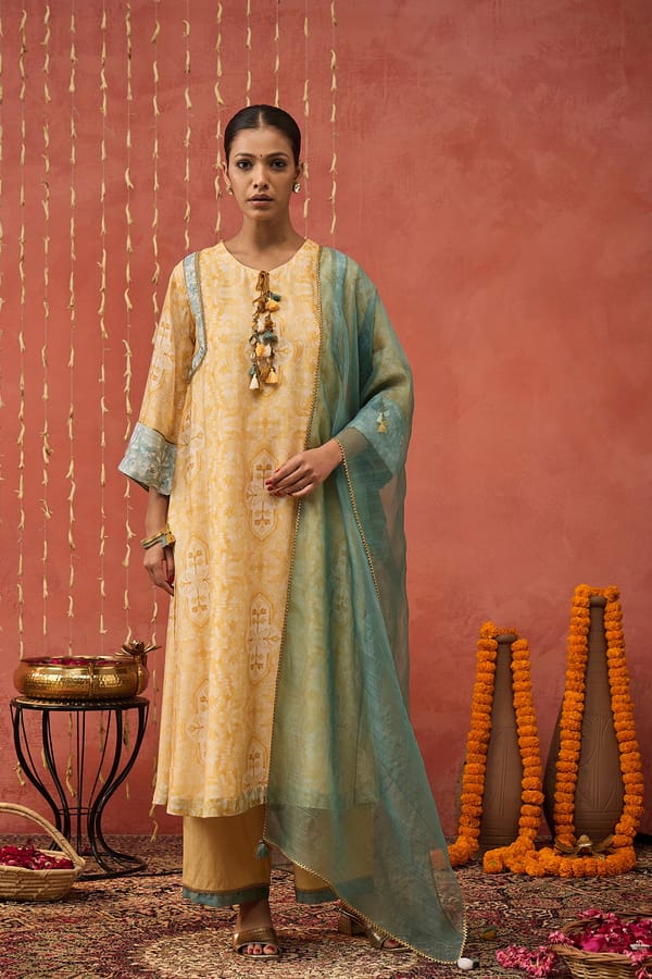 Mustard Printed Chanderi Long Kurta Set — SHIVANI BHARGAVA