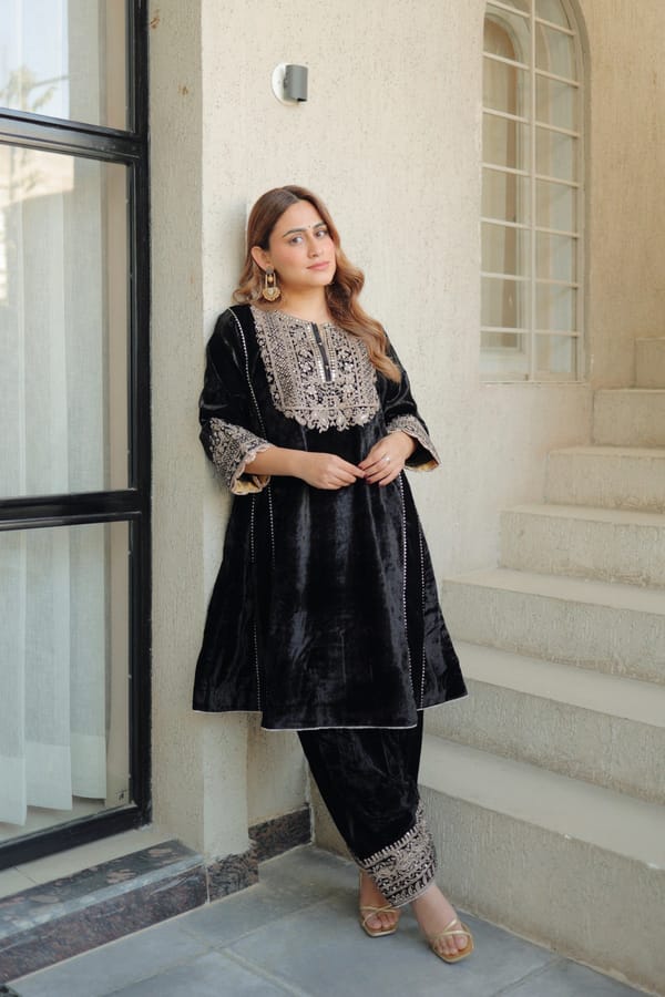 Black Velvet Kalidaar Kurta Set with Embroidered Yoke — Sheetal Batra