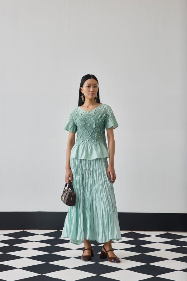 Mint Green Smocked Peplum Top and Maxi Skirt Co-ord Set — Pleats by Aruni