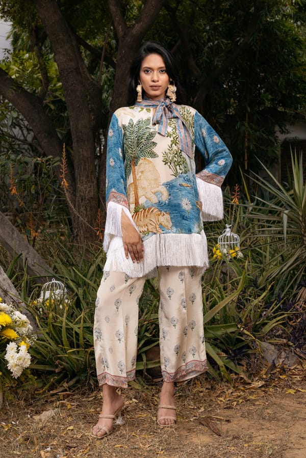Printed Fringe Co-ord Set in Cream, Blue and Green — Chakkraa