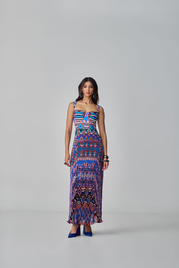 Blue/Multi Ikat-Inspired Printed Bustier Maxi Dress — Saaksha and Kinni