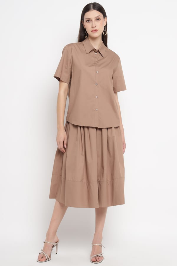 Beige Sand High-Waist A-Line Midi Skirt — SILVIAN HEACH