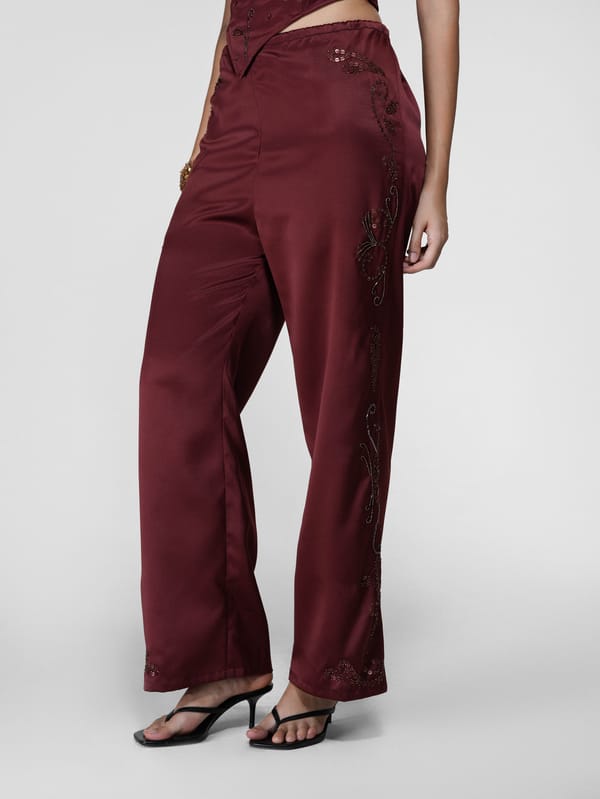 Floral Hand-Beaded Sequin Wide-Leg Satin Pants — The Clothing Factory