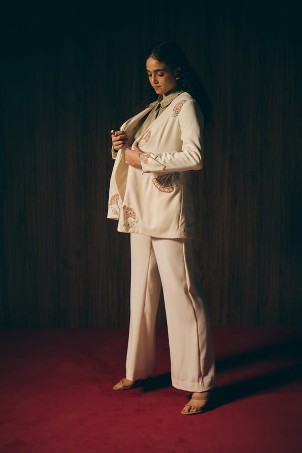 Ivory Jacket and Wide-Leg Pants Co-ord Set with Sage Shirt — Love Kiki