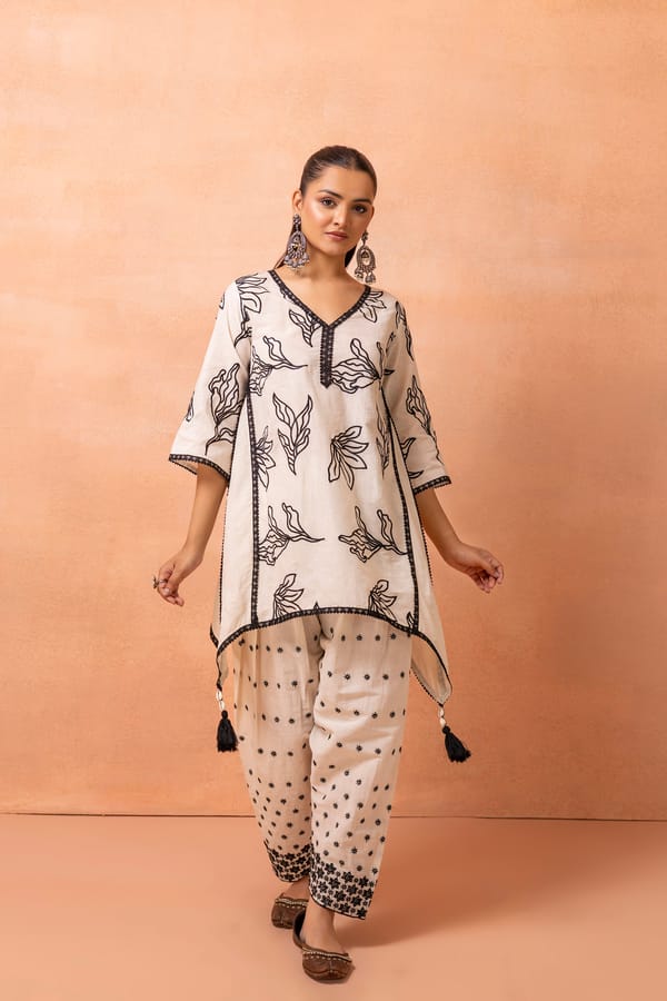 Cream And Black Embroidered Kurta Set — Sew and You