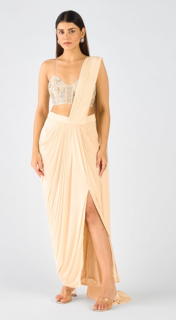 Ivory Pre-Draped Organza Saree Set with Embellished Blouse — Basanti Kapde aur Koffee