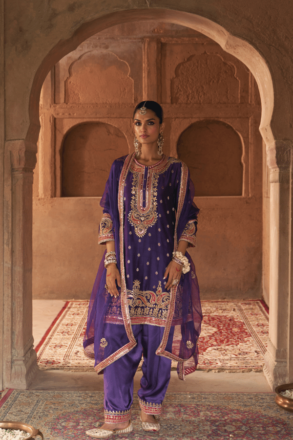 Deep Purple Embroidered A-Line Kurta Set with Dupatta — Sheetal Batra