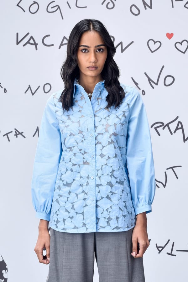 Light Blue Cutwork Applique Button-Down Shirt — Genes Lecoanet Hemant