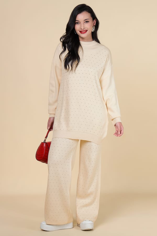 Ivory Embellished Knit Co-ord Set with Wide-Leg Pants — CHIP PEPPER