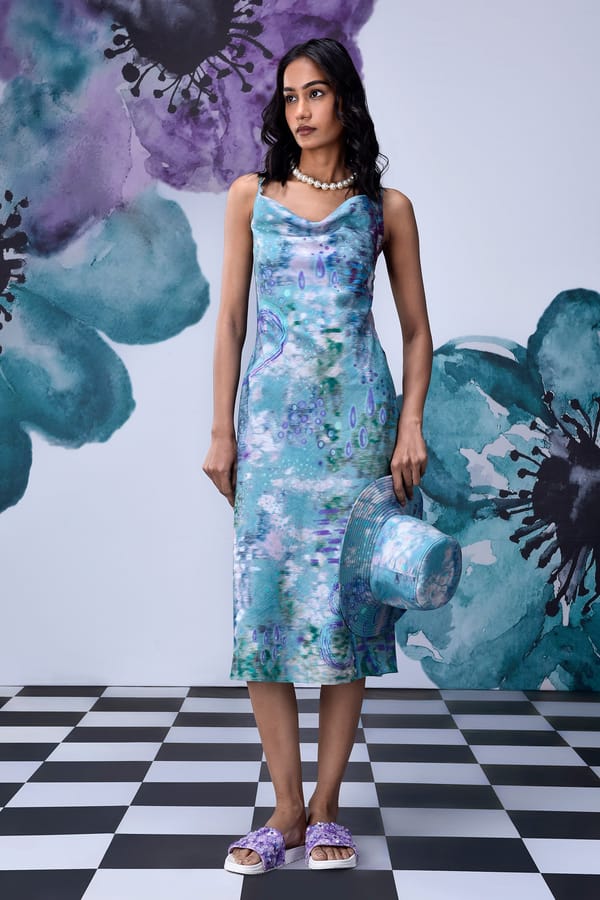 Abstract Print Linen Cowl Neck Slim Fit Midi Slip Dress — Genes Lecoanet Hemant