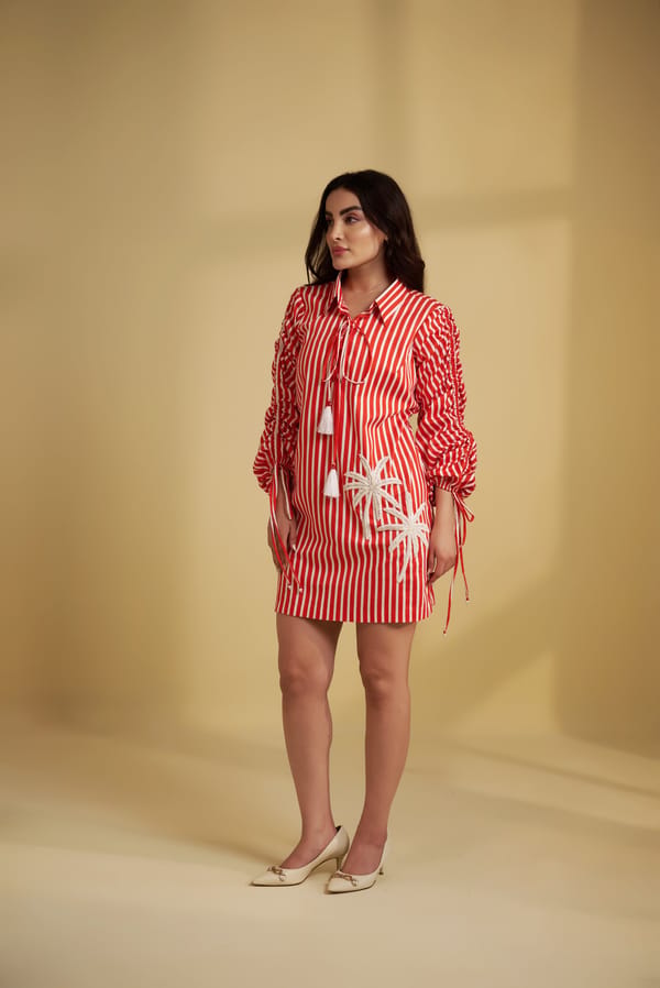 Red and White Striped Mini Shirt Dress with Palm Motif — Sakshi G Chawla